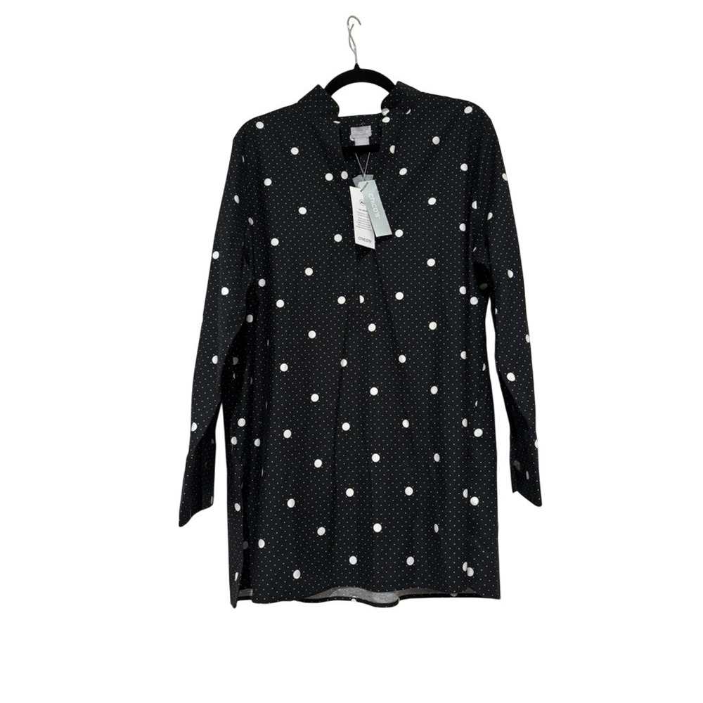 Chicos sz 3(XL)black polka dot mandarin collar button down blouse MM